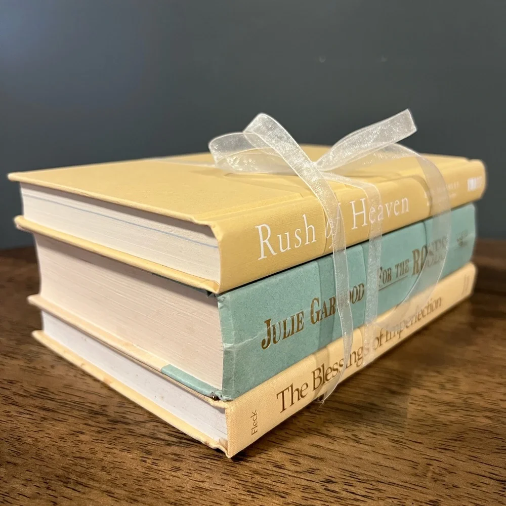 Book‎ Stack pretty shelf styling vignette Cream Aqua shabby chic decor